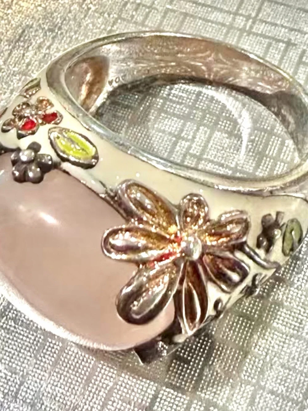 Vintage David Sigal Sterling Silver Rose Quartz Floral Enamel Statement Ring 10